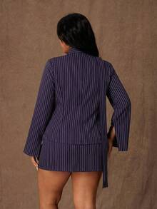 Rustia Plus Size Casual Striped Blazer & Mini Skirt 2 Pieces Set - Purple - View 2