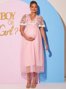 Loomaby Elegant Floral Embroidery Patchwork Baby Pink Maternity Dress For Baby Shower,Pregnant Women Summer Spring Break Outfits,Gender Reveal Party Dress - Pink - View 10