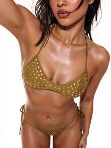 女士泳装套装，金色波点棕色性感比基尼，休闲沙滩度假风 - 銅色 - 查看 4