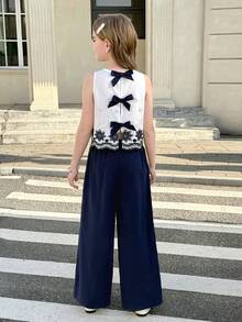 SHEIN Serisse Kids 少女蝴蝶结刺绣露背吊带背心和阔腿裤两件套休闲度假套装，藏蓝色 - 藏蓝色 - 查看 9