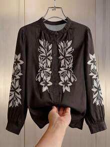 Franclia French-Style Elegant Blouse For Women, Early Autumn 2026 New Style, Retro Design, Heavy-Duty Faux Embroidery, Brown Color, Versatile Everyday Vacation Blouse, Women's Vacation Wear, Elegant Women's Top, Women's Casual Top, Brown Shirt. - Brown - View 1
