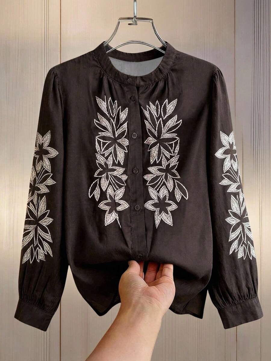 Franclia French-Style Elegant Blouse For Women, Early Autumn 2026 New Style, Retro Design, Heavy-Duty Faux Embroidery, Brown Color, Versatile Everyday Vacation Blouse, Women's Vacation Wear, Elegant Women's Top, Women's Casual Top, Brown Shirt. - Brown - View 1