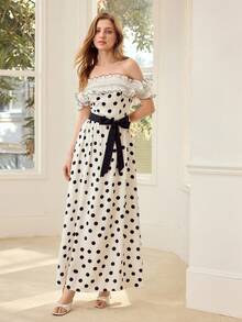 MOTF PREMIUM POLKA DOT PRINT CONTRAST MESH DRESS - White - View 5