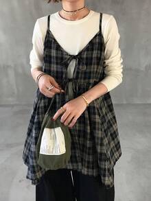 FRIFUL Women's Casual Plaid Asymmetric Hem Tie Front Camisole Top - Multicolor - View 3