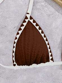 Bonvoyette 白色纹理面料贝壳钩编简约优雅女士无钢圈系带比基尼两件式泳衣，适合春夏海滩、机场、度假穿着。 - 棕色 - 查看 5