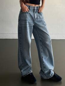 Livesso 女士带口袋纽扣休闲百搭日常穿着阔腿牛仔裤 - 藍色 - 查看 6