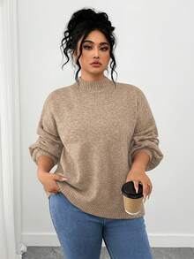 SHEIN Tall CURVE Plus Size Casual Drop Shoulder Crew Neck Long Sleeve Sweater - Camel - View 4