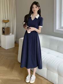 DAZY Robe mi-longue plissée à col polo blocs de couleurs pour femmes, robe chemise de plage, robes décontractées pour femmes - Bleu marine - Voir 8