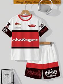 两件套青少年男童休闲舒适时尚简约圆领短袖T恤和短裤套装，经典赛车图案印花，72号数字，赛车方格旗设计，赛车文化文字图案印花，适合运动穿着 - 彩色 - 查看 2