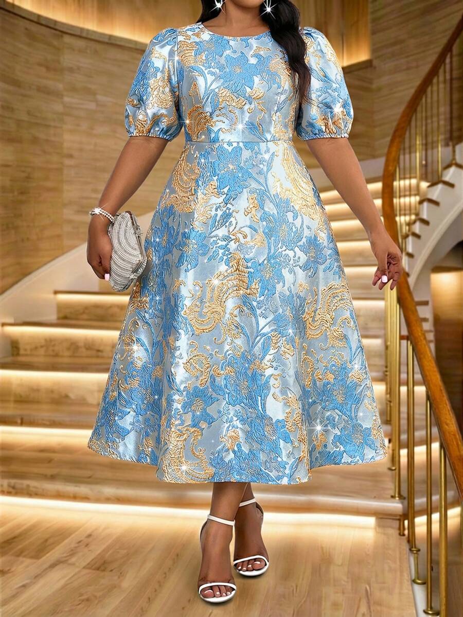 SHEIN Lady 大码女士优雅圆领短袖连衣裙