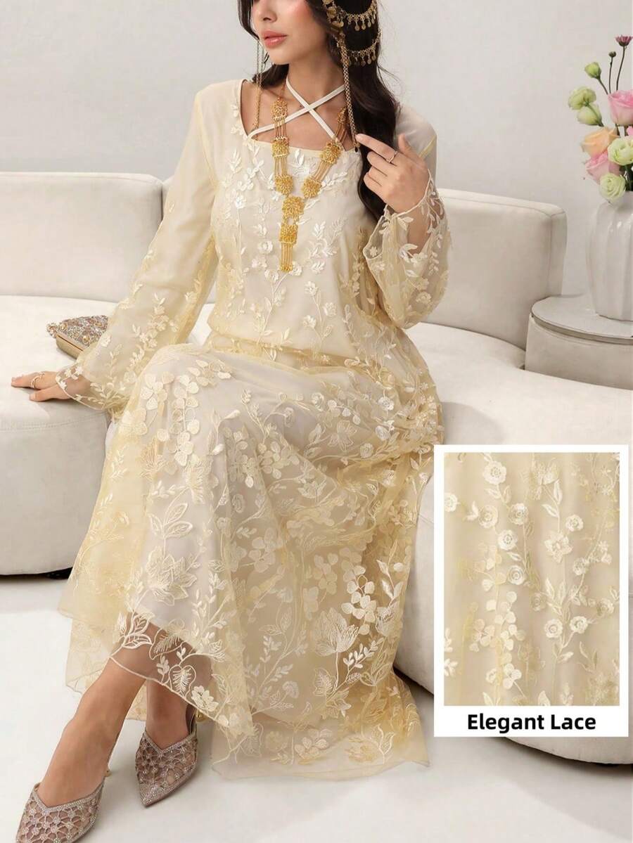Yasmyna Đầm dạ hội lưới thêu họa tiết cầu kỳ theo phong cách Ả Rập Trung Đông mới - Màu be - Xem 1