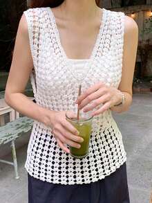 DAZY Crochet Hollow-Out Sweet Versatile Blouse, Bohemian Summer Top, Women Knitted Sleeveless Vest - White - View 9