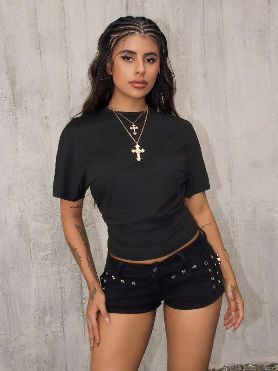 Rayane Ketlyn Women's Summer Minimalist Y2K Basic Daily Wear Casual Back To School Streetwear Stretchy Black Loose Ruched Crop Tees - Black - View 1