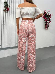 Cloudara Women Wide Leg Printed Detailed Pants - Baby Pink - View 3