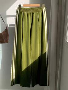 Comfortcana Women's Casual Everyday Commute School Sports Elastic Waist Green Contrast Striped Side Loose Wide Leg Sweatpants, Spring/Summer - Green - View 3