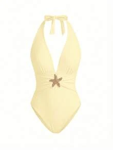 Swim Oasis Sunner Vacation Set Baju Renang Terusan Elegan dan Romantis dengan Dekorasi Bintang Laut Mewah - Krem - View 3