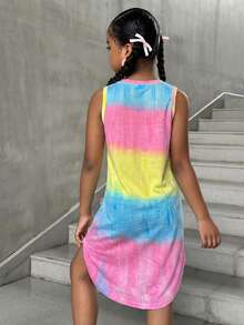 SHEIN 少女休闲街头风扎染印花圆领前短后长无袖连衣裙 - 彩色 - 查看 2