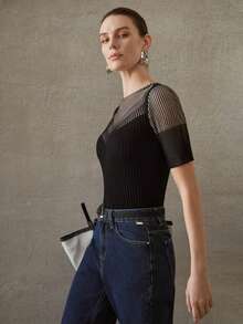 MOTF PREMIUM 撞色欧根纱短袖针织上衣 - 黑色 - 查看 5