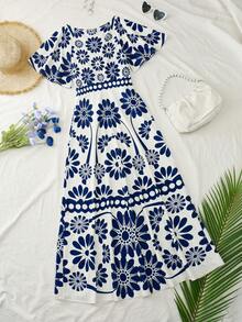 Trelyra Vestido largo con cuello cuadrado, mangas con volantes y estampado para mujeres - Azul - Ver 2