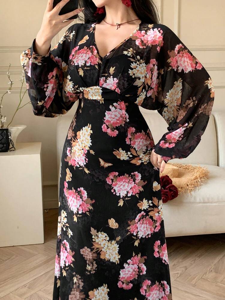 Women's Elegant Floral Print Batwing Sleeve Dress Wedding Guest Dress Maxi Dress Sundress