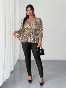 Elenzga Plus Size Leopard Print Deep V-Neck Long Sleeve Shirt - Khaki - View 2