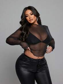 SHEIN Tall CURVE 大码纯色透视性感高领长袖女式衬衫 - 黑色 - 查看 4