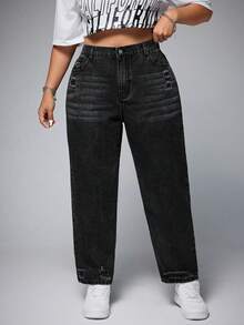 SHEIN ICON Jeans ajustados casuales de talle alto con bolsillos y desgastados para mujer de talla grande - Negro - Ver 5