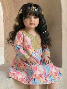 SHEIN Young Girl Woven Geometric Pattern V-Neck Loose Casual Dress - Multicolor - View 8