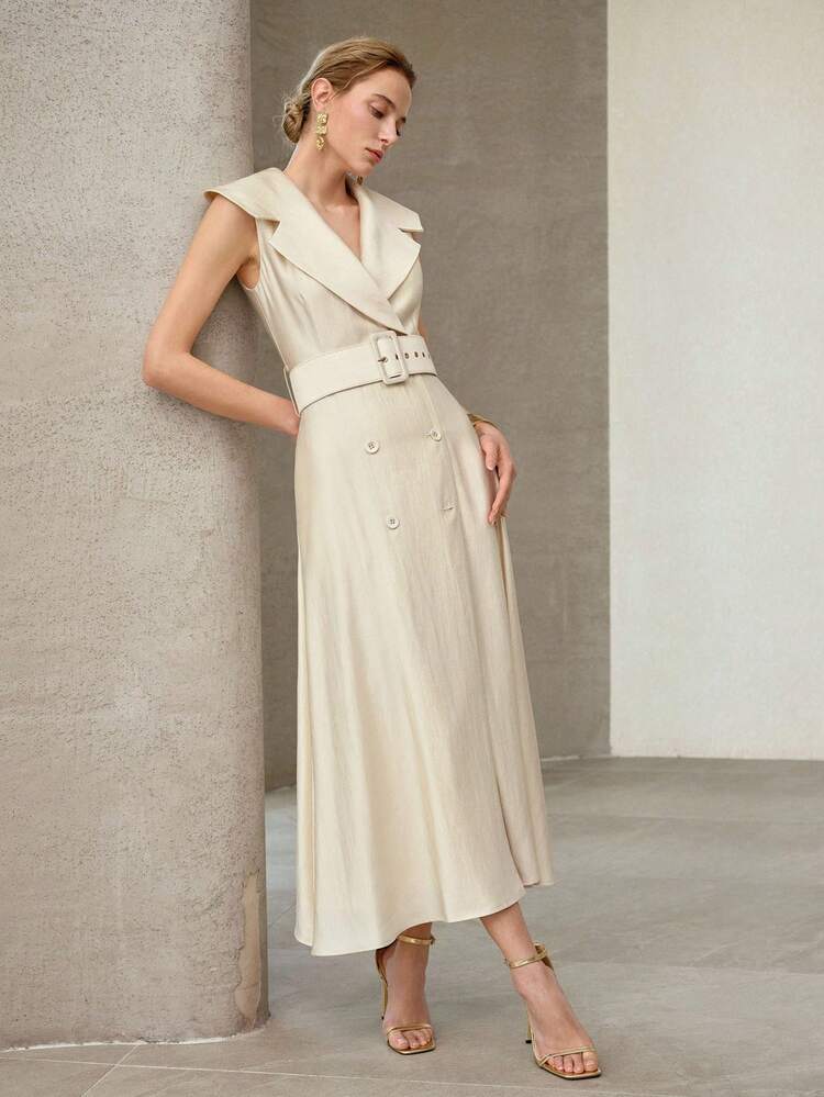 ELEGANT COMMUTER DRESS WITH LAPEL COLLAR, WAIST BELT AND A-LINE SILHOUETTE, SPRING/SUMMER