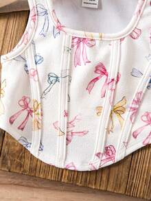 SHEIN Cute Summer Versatile Knit White Bow Tie Camisole Baby Girl Printed Vest Toddler Girl Sleeveless Shirt Summer Baby Girl Clothes Baby Girl Summer Tops Baby Girl Sleeveless Top - White - View 5