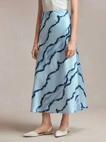 BizChic Blue Wavy Print Fishtail Hem Skirt With Invisible Zipper, Women's Versatile Summer Skirt For Easter, St. Patrick's Day, Commute, Daily, Beach, Graduation, Party, Holiday, Wedding Guest, Bridesmaid, Hostess - Baby Blue - View 6