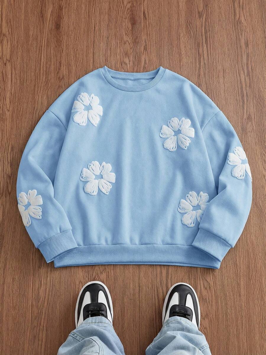 SWAVVY 男士淺藍色花卉針織圓領長袖套頭衛衣,刺繡花卉秋季休閒度假嬰藍色衛衣 - 藍色 - 查看 1
