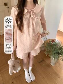 DAZY 女士可爱波点印花系领娃娃衫睡衣套装 - 粉色 - 查看 3