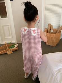 DAZY Young Girl Summer Casual Plaid Bow Embroidery Jumpsuit - Pink - View 3