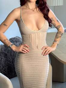 Abrilcols Elegant Deep V-Neck Hollow Out Spaghetti Strap Back Tie Backless Slim Summer Crochet Dress - Khaki - View 6