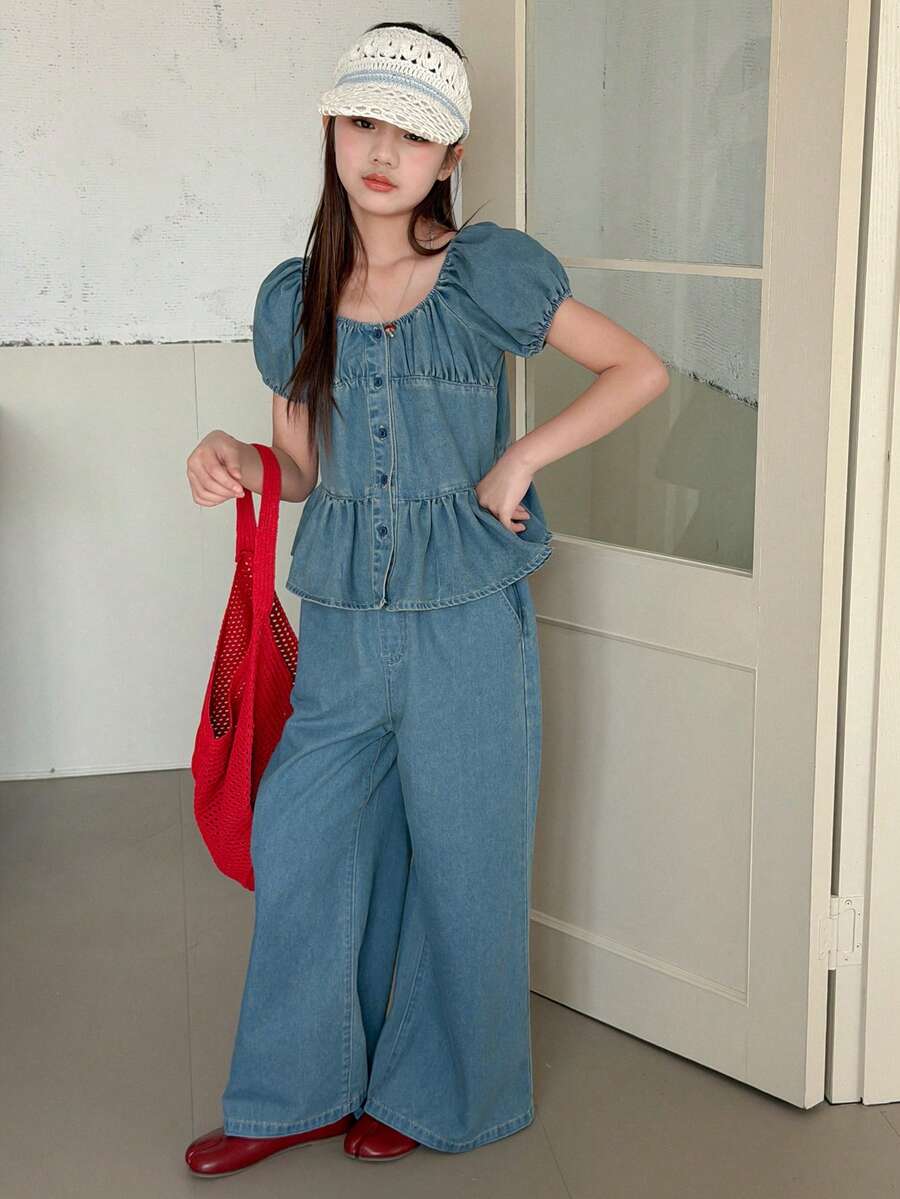 DAZY Tween Girl Casual Vacation Everyday Commute Scoop Neck Puff Sleeve Peplum Denim Top & Wide Leg Jeans Set, Spring/Summer - Blue - View 1