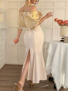 DAZY Women's Fabric Patchwork One-Shoulder Cinched Waist Fishtail Dress, Elegant Casual - Beige - View 4