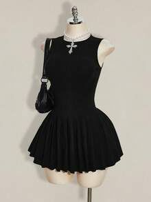 SHEIN ICON 女士夏季时尚纯色圆领褶裥下摆迷你连衣裙 - 黑色 - 查看 5
