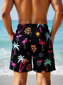 Manfinity VDAYZ 男士棕榈树印花抽绳腰带沙滩短裤 - 黑色 - 查看 2