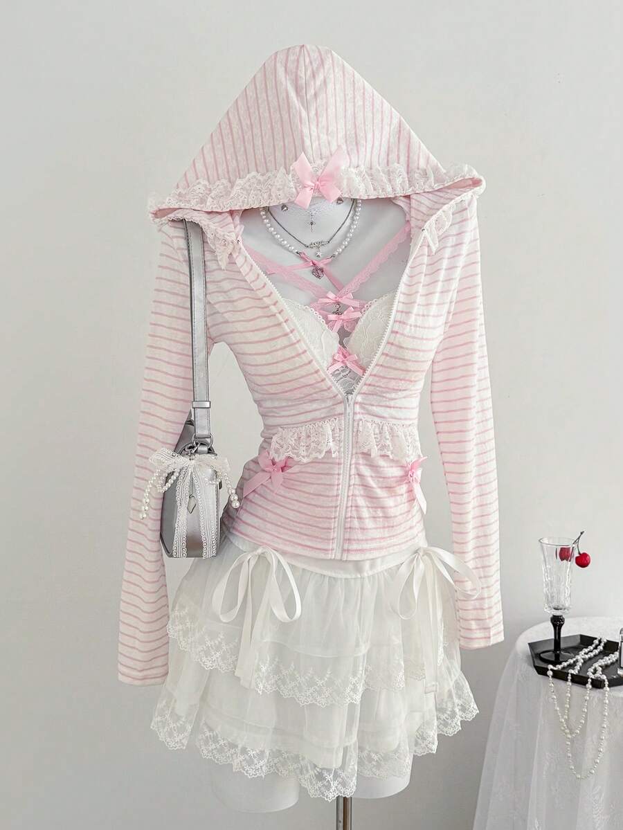 Elamini 女士粉色条纹针织天丝面料撞色白色蕾丝边粉色蝴蝶结装饰口袋开襟卫衣，春夏海滩度假休闲外向甜美可爱返校毕业典礼日常百搭 - 粉色 - 查看 1