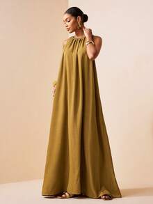 Zivah 春夏新品:音乐节、西部风、游牧风、生日派对、毕业季、学院风、学生装、日常出行、基础百搭、休闲、度假、邮轮旅行、海滩、海边、日光浴、网红热单、街头风、婚礼宾客装、波西米亚风、通勤风、早午餐装、机场装、后背打结设计、A字宽松舒适飘逸长款褶皱连衣裙 - A - 卡其色 - 查看 7