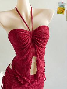 Soleia Women's Summer Beach Vacation Halter Top & Skirt 2 Pieces Set - Burgundy - View 4