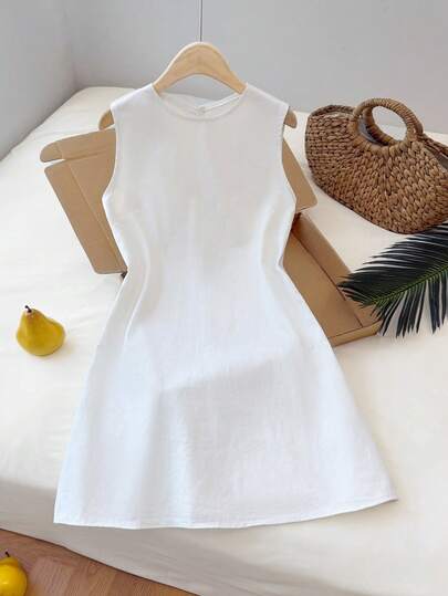 Comfortcana 女士休闲无袖纯色牛仔连衣裙，夏季