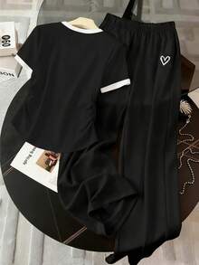 Resyla 2件套女士爱心印花圆领短袖荷叶边T恤和裤子休闲套装 - 彩色 - 查看 2