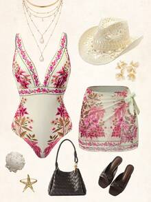 SHEIN Swim Oasis 女士优雅休闲波西米亚风中式蓝白热带棕榈树花卉印花连体泳衣及沙滩罩衫套装，适合海滩度假 - 彩色 - 查看 3