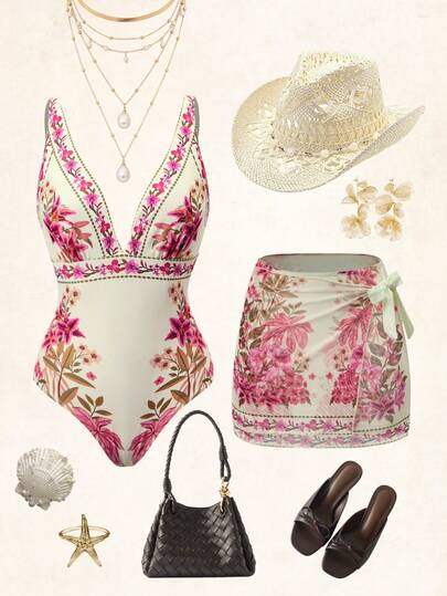 Swim Oasis Damen eleganter, lässiger BOHO Chinoiserie Blau & Weiß Tropical Palme Blumen Muster Ein-Stück Badeanzug & Strandüberwurf Set, geeignet für Strandurlaub