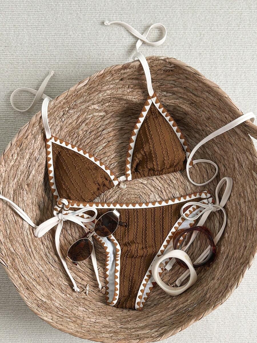 Swim Basics 2pcs/Set Women's Brown Bikini Set Textured Fabric Embroidered Trim Halter Tie Back Scalloped Bathing Suit,White,Summer,Boho,Pool Party,Holiday - Multicolor - View 1