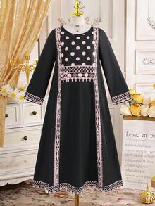 女童宽松圆领印花长裙，适合中东度假风、休闲穿搭，春夏秋季皆宜。 - 黑色 - 查看 1