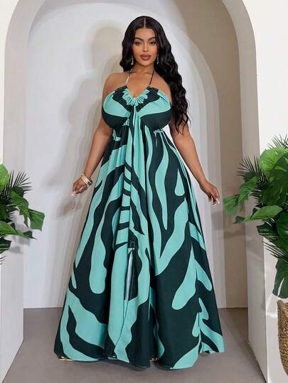 Veslaya Plus Size 2026 Spring/Summer New Allover Print Halter Backless Dress