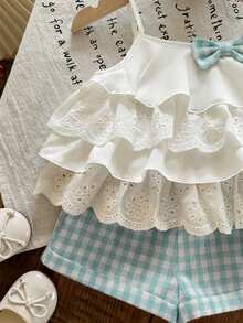 SHEIN LMoss Kids 女宝宝夏季可爱度假荷叶边吊带背心和格子短裤套装 - 綠色 - 查看 4